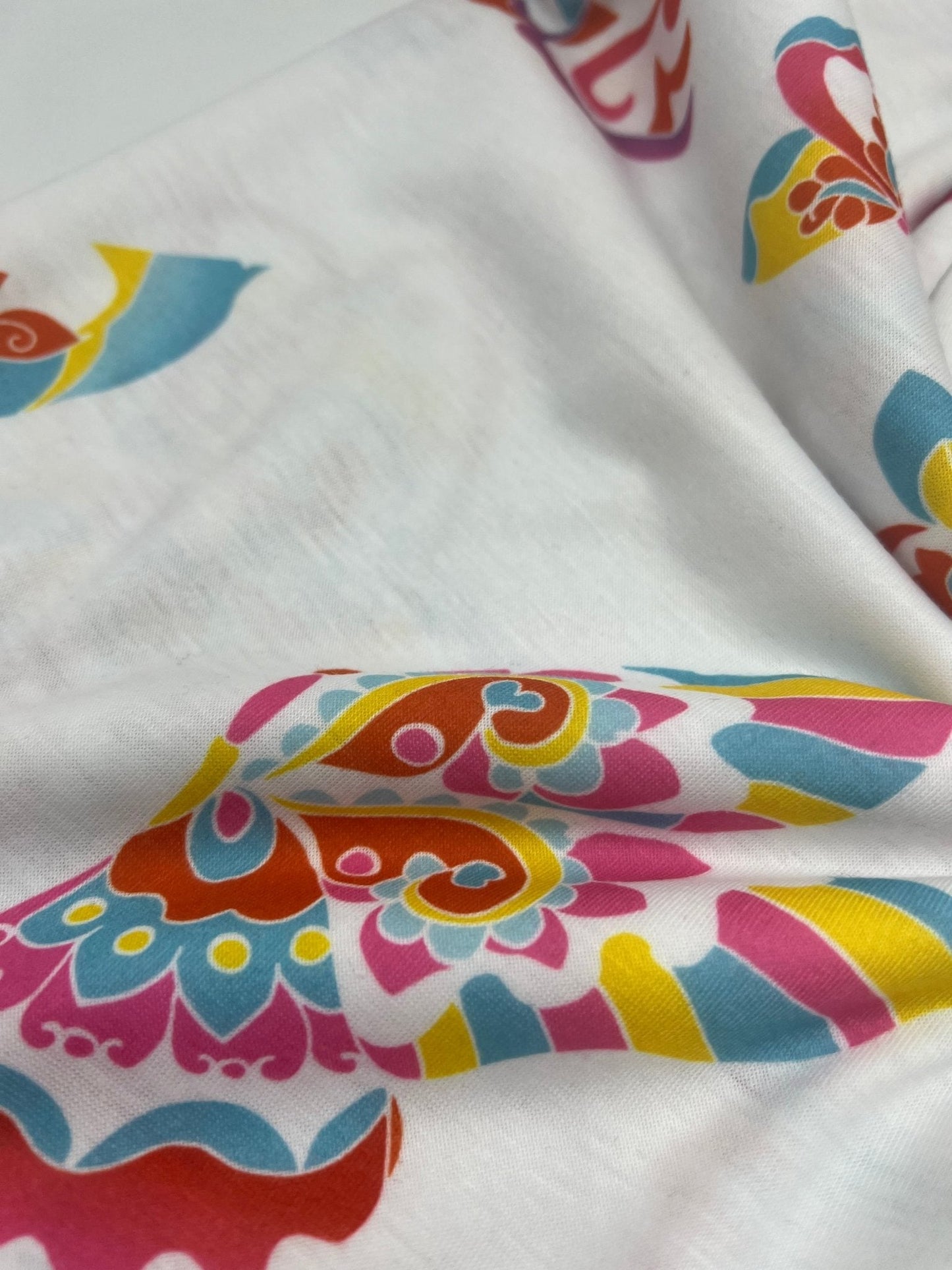 White Colourful Butterfly Print Spun Poly Stretch Fabric
