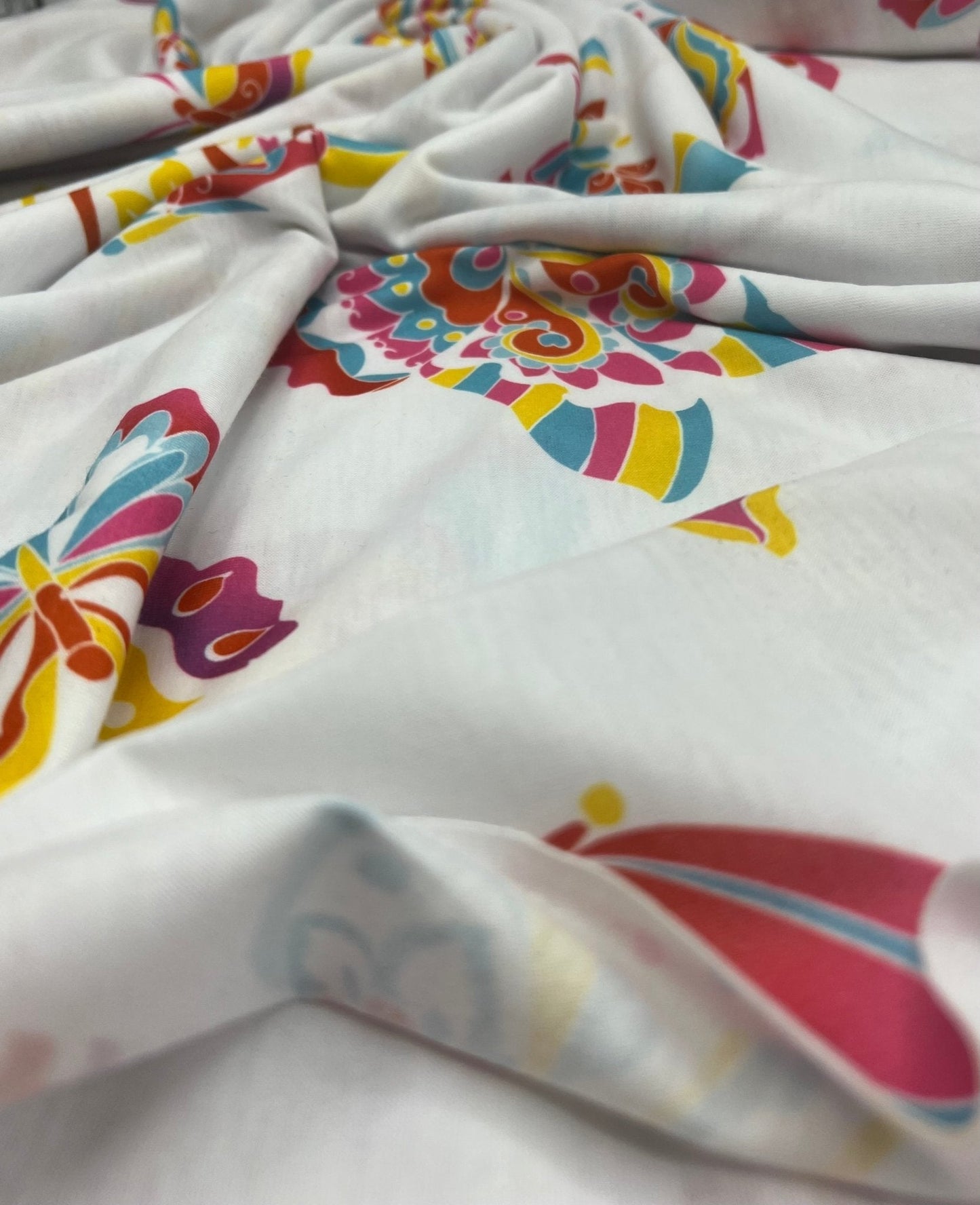 White Colourful Butterfly Print Spun Poly Stretch Fabric