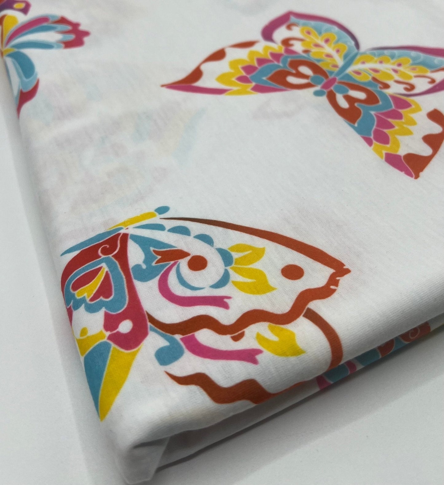 White Colourful Butterfly Print Spun Poly Stretch Fabric