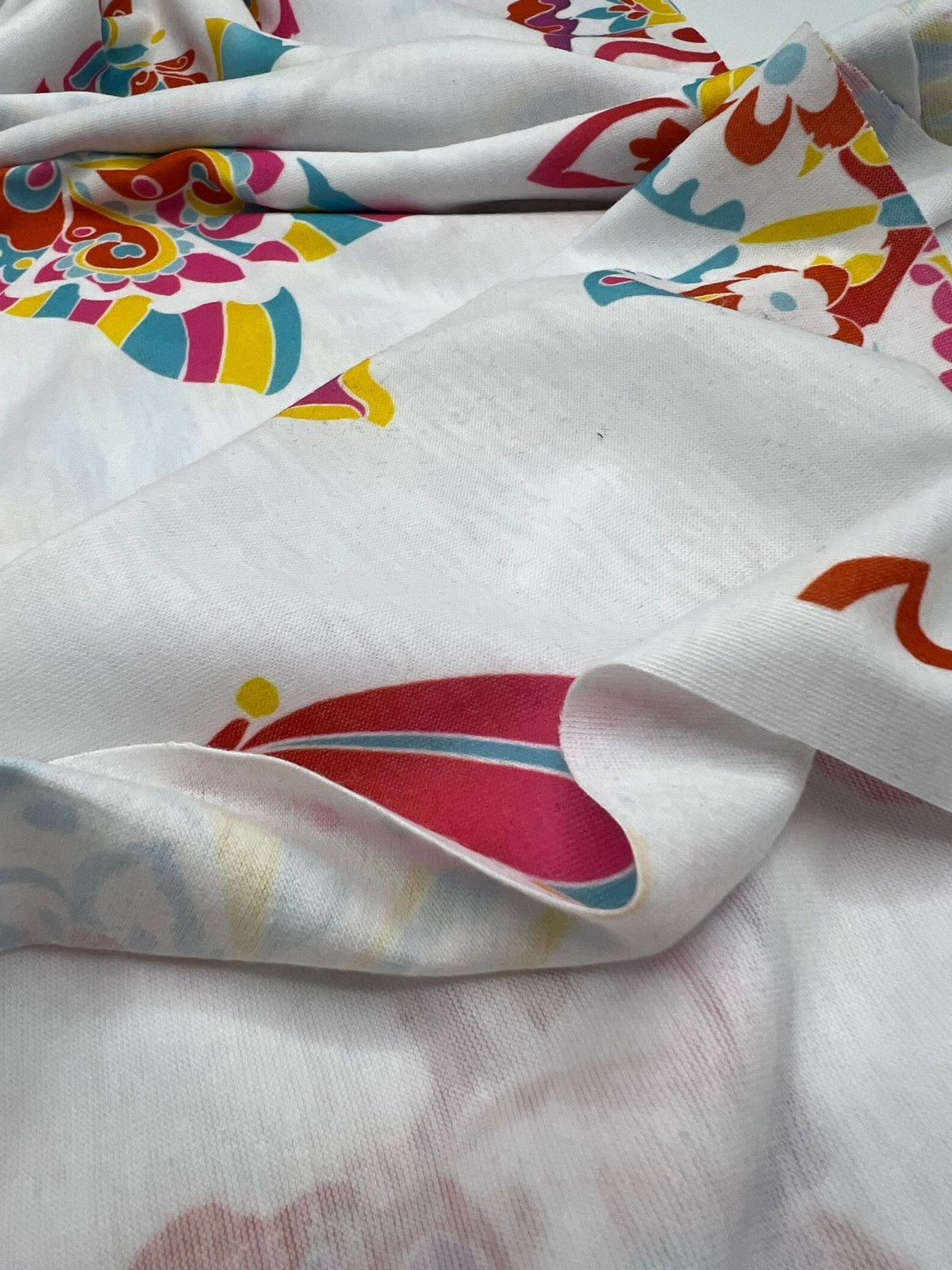 White Colourful Butterfly Print Spun Poly Stretch Fabric