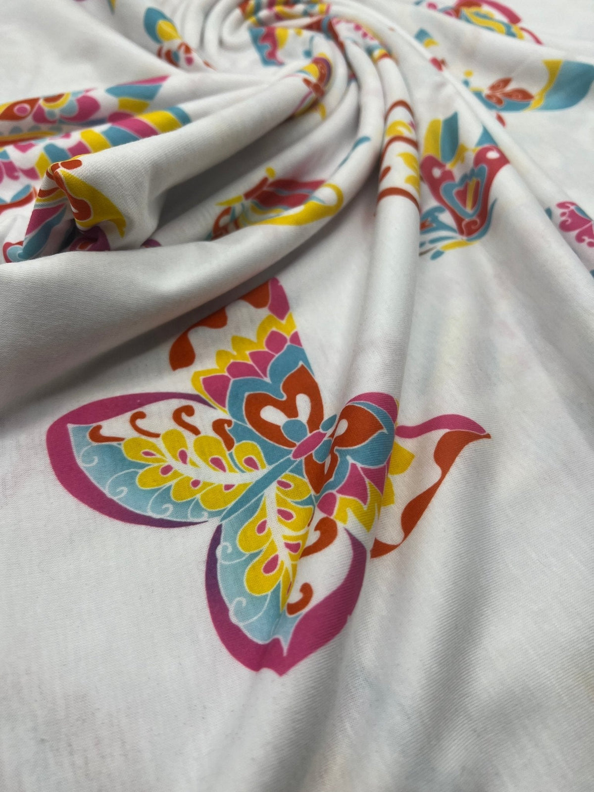 White Colourful Butterfly Print Spun Poly Stretch Fabric