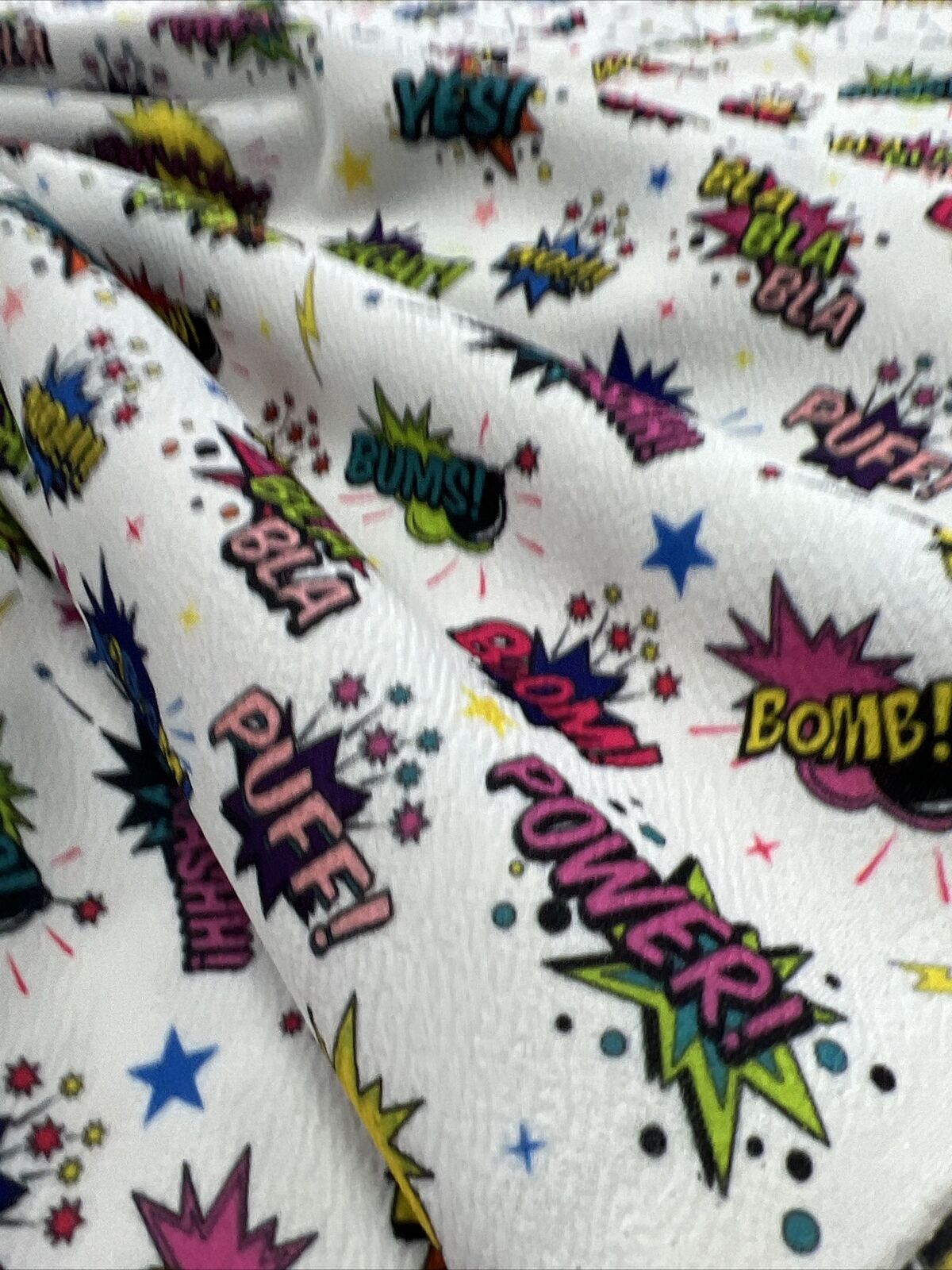 White Comic Print Liverpool Bullet Stretch Fabric
