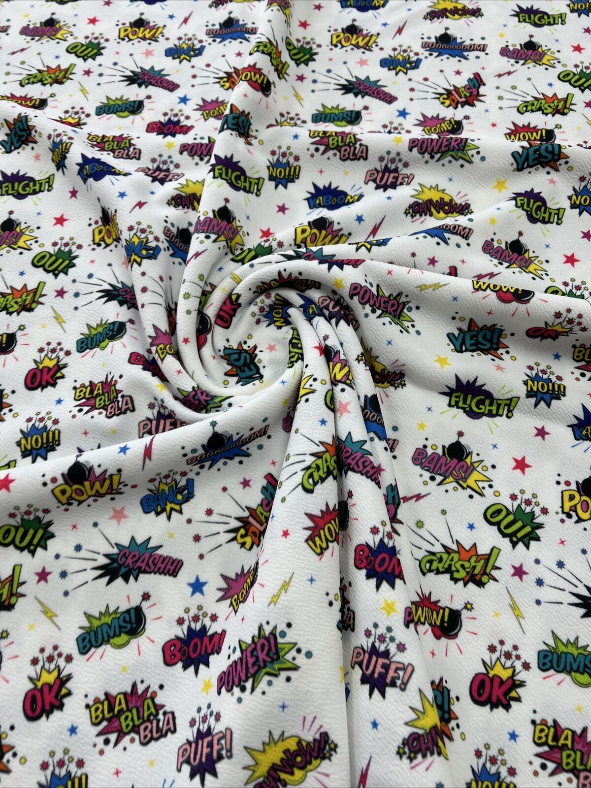 White Comic Print Liverpool Bullet Stretch Fabric
