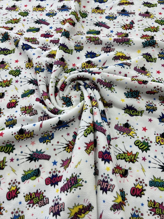 White Comic Print Liverpool Bullet Stretch Fabric