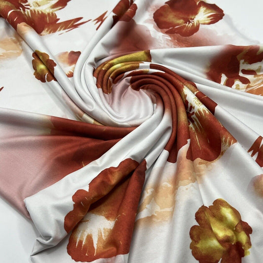 White Dark Red Floral Print Soft Touch Stretch Fabric