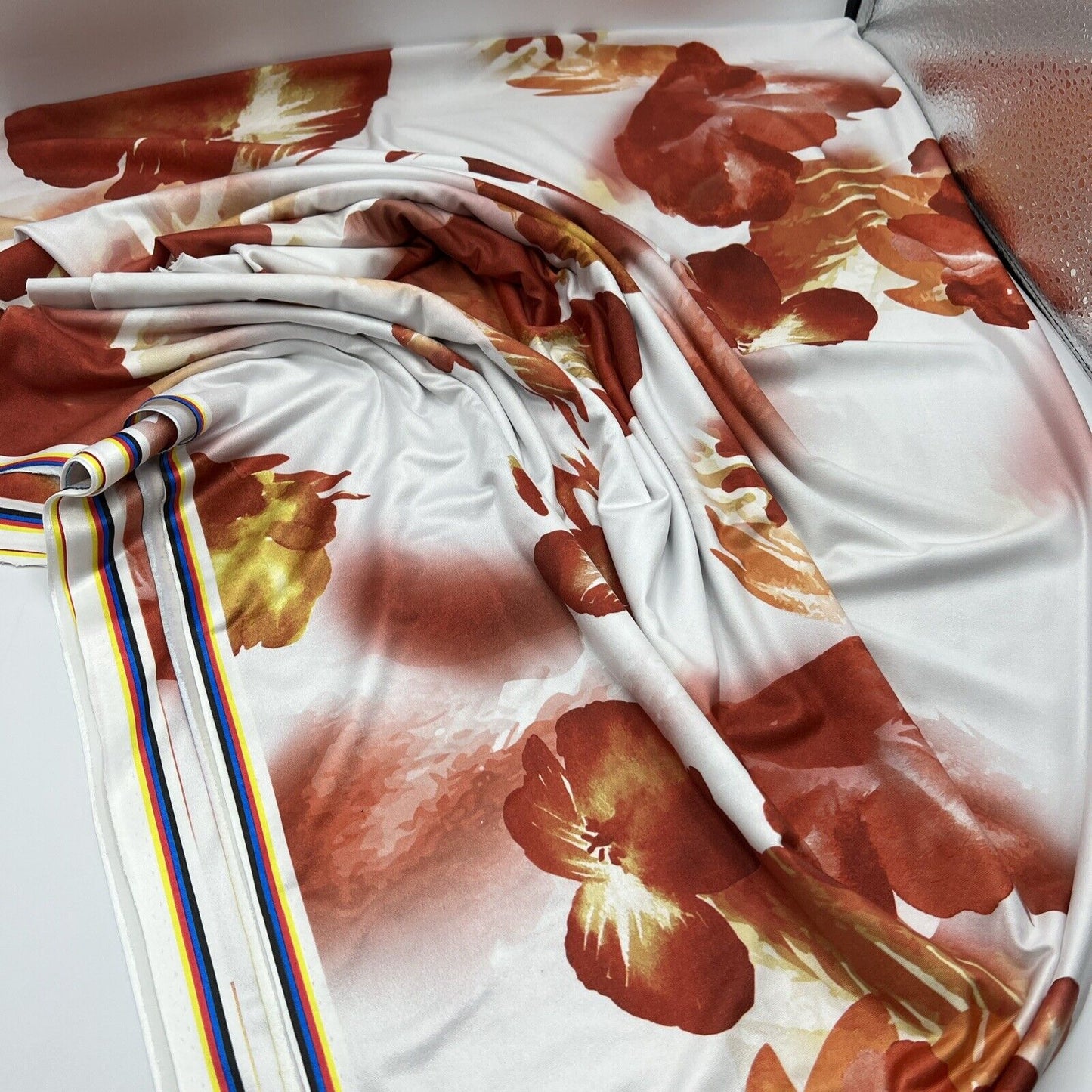 White Dark Red Floral Print Soft Touch Stretch Fabric