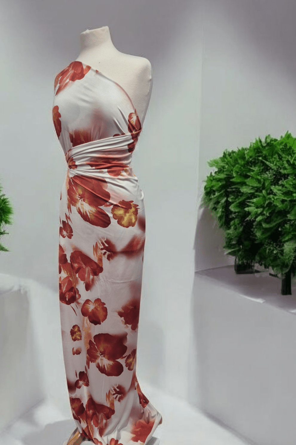 White Dark Red Floral Print Soft Touch Stretch Fabric