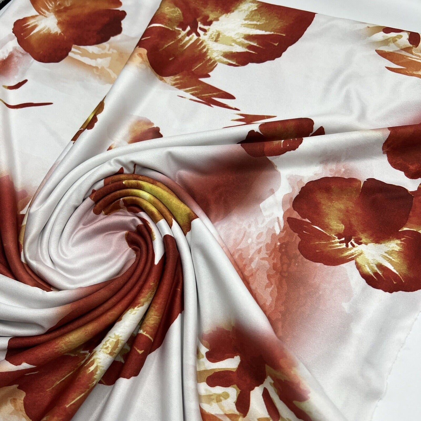 White Dark Red Floral Print Soft Touch Stretch Fabric