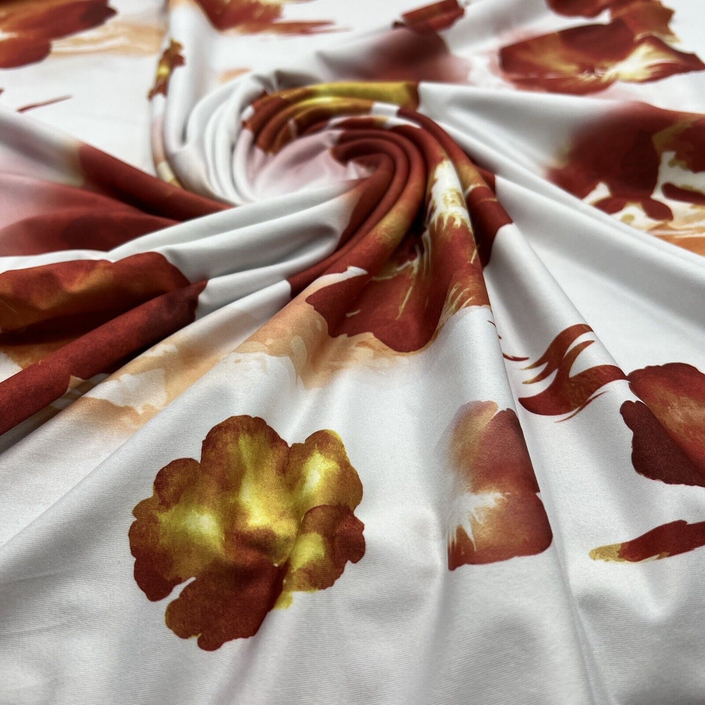 White Dark Red Floral Print Soft Touch Stretch Fabric