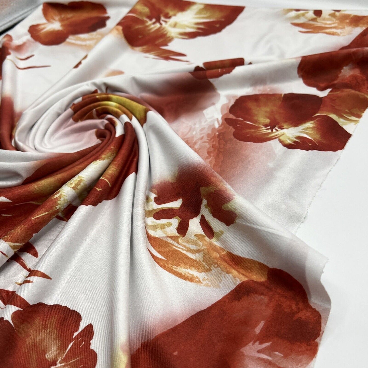 White Dark Red Floral Print Soft Touch Stretch Fabric