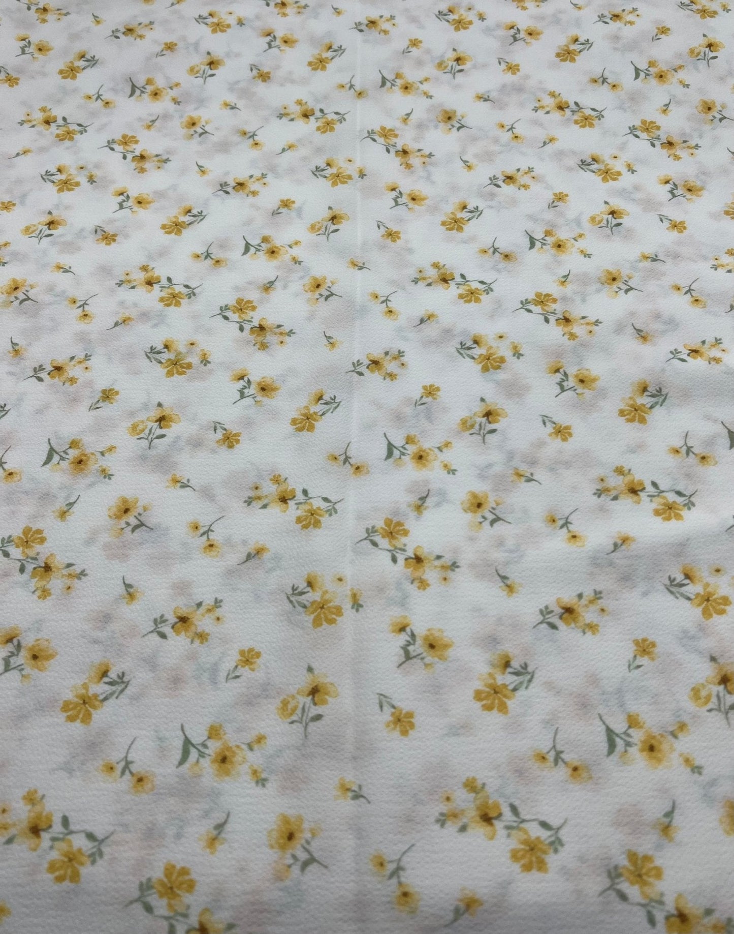 White Ditsy Yellow Floral Print Lightweight Bubble Crepe Fabric