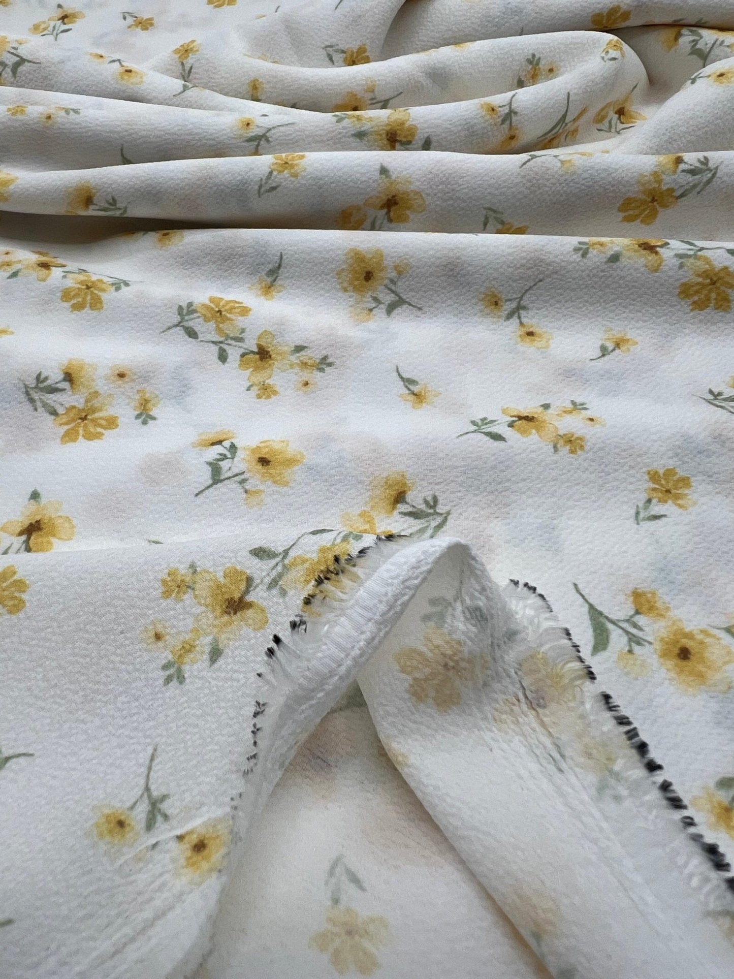 White Ditsy Yellow Floral Print Lightweight Bubble Crepe Fabric