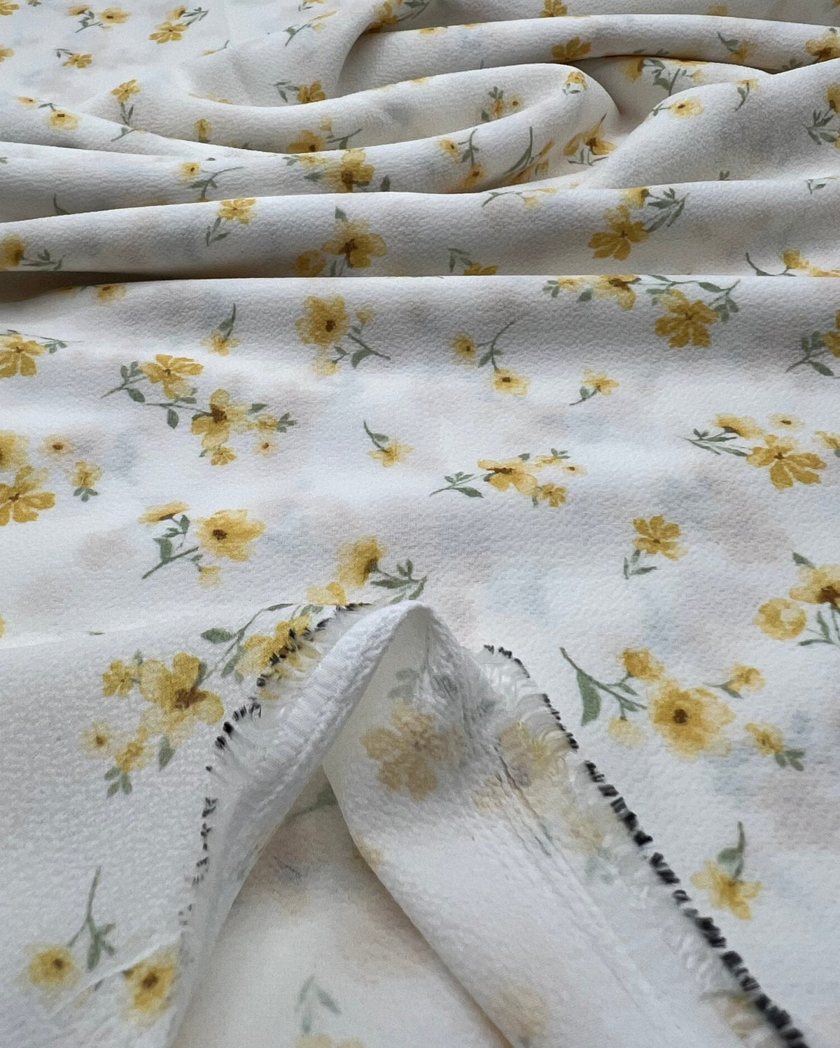 White Ditsy Yellow Floral Print Lightweight Bubble Crepe Fabric