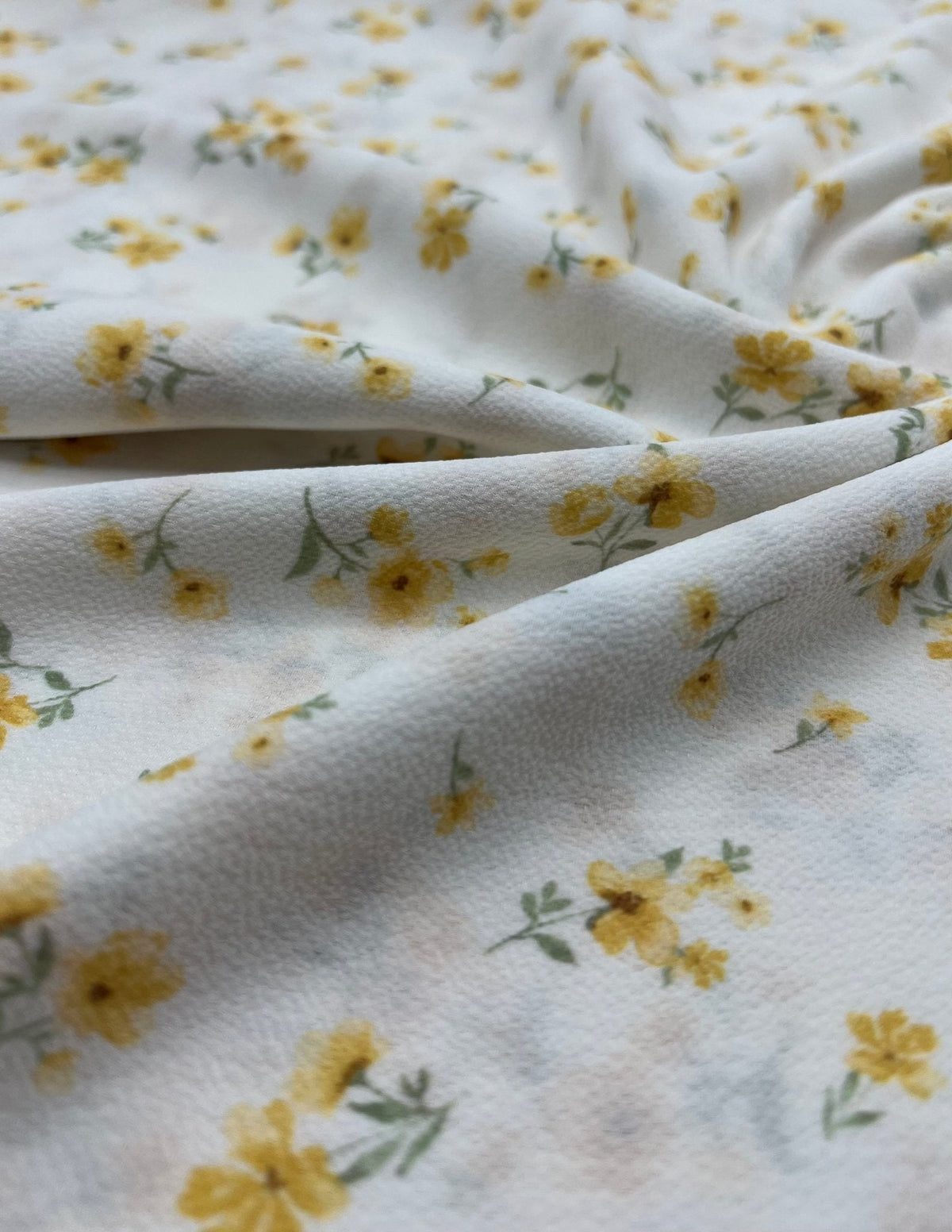 White Ditsy Yellow Floral Print Lightweight Bubble Crepe Fabric