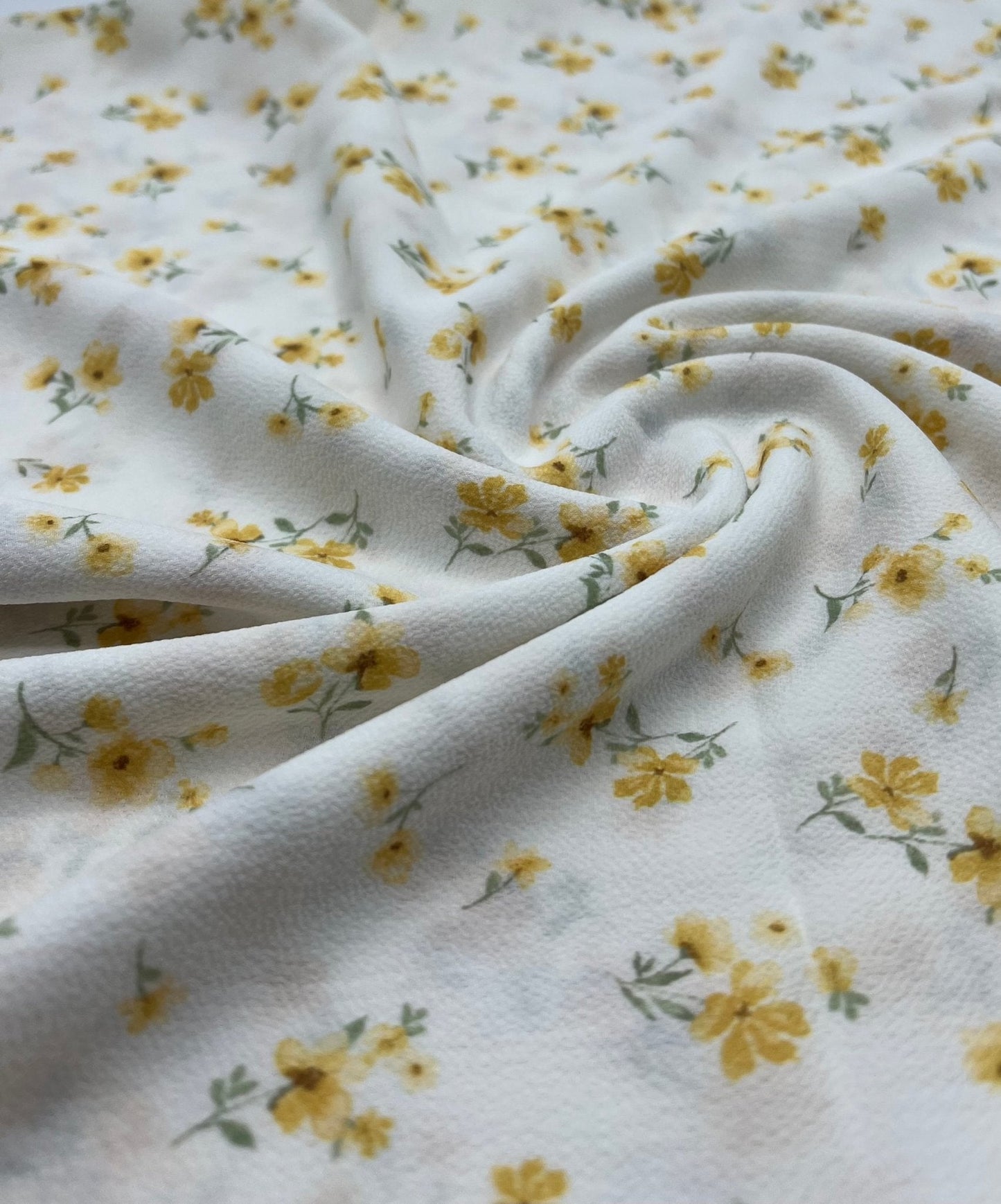 White Ditsy Yellow Floral Print Lightweight Bubble Crepe Fabric