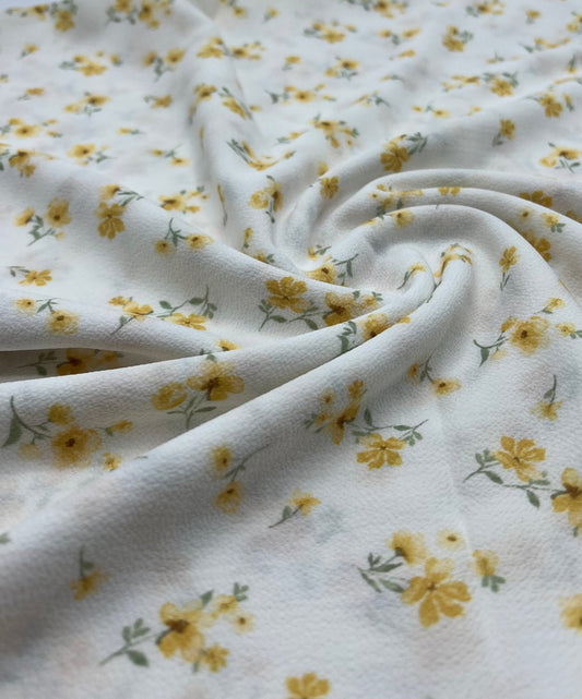 White Ditsy Yellow Floral Print Lightweight Bubble Crepe Fabric