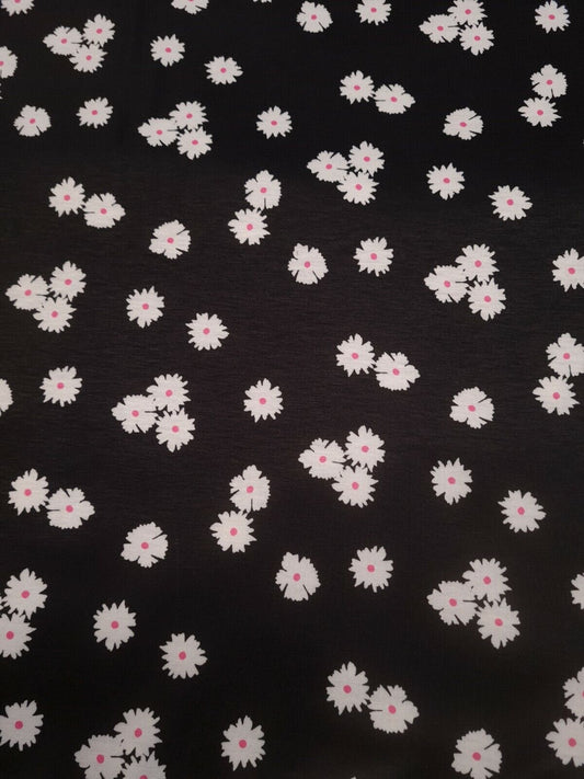 White Floral Pink Spot Print Spun Poly Stretch Fabric