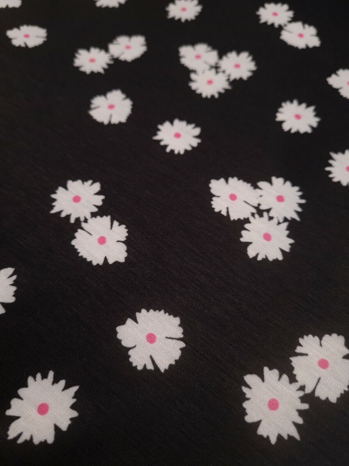 White Floral Pink Spot Print Spun Poly Stretch Fabric