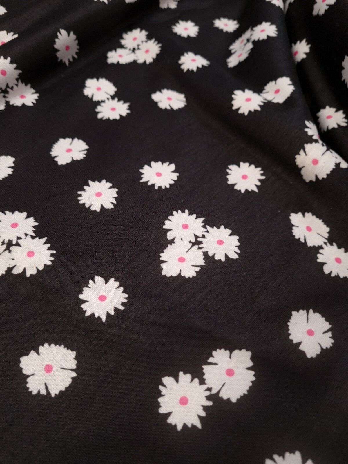 White Floral Pink Spot Print Spun Poly Stretch Fabric