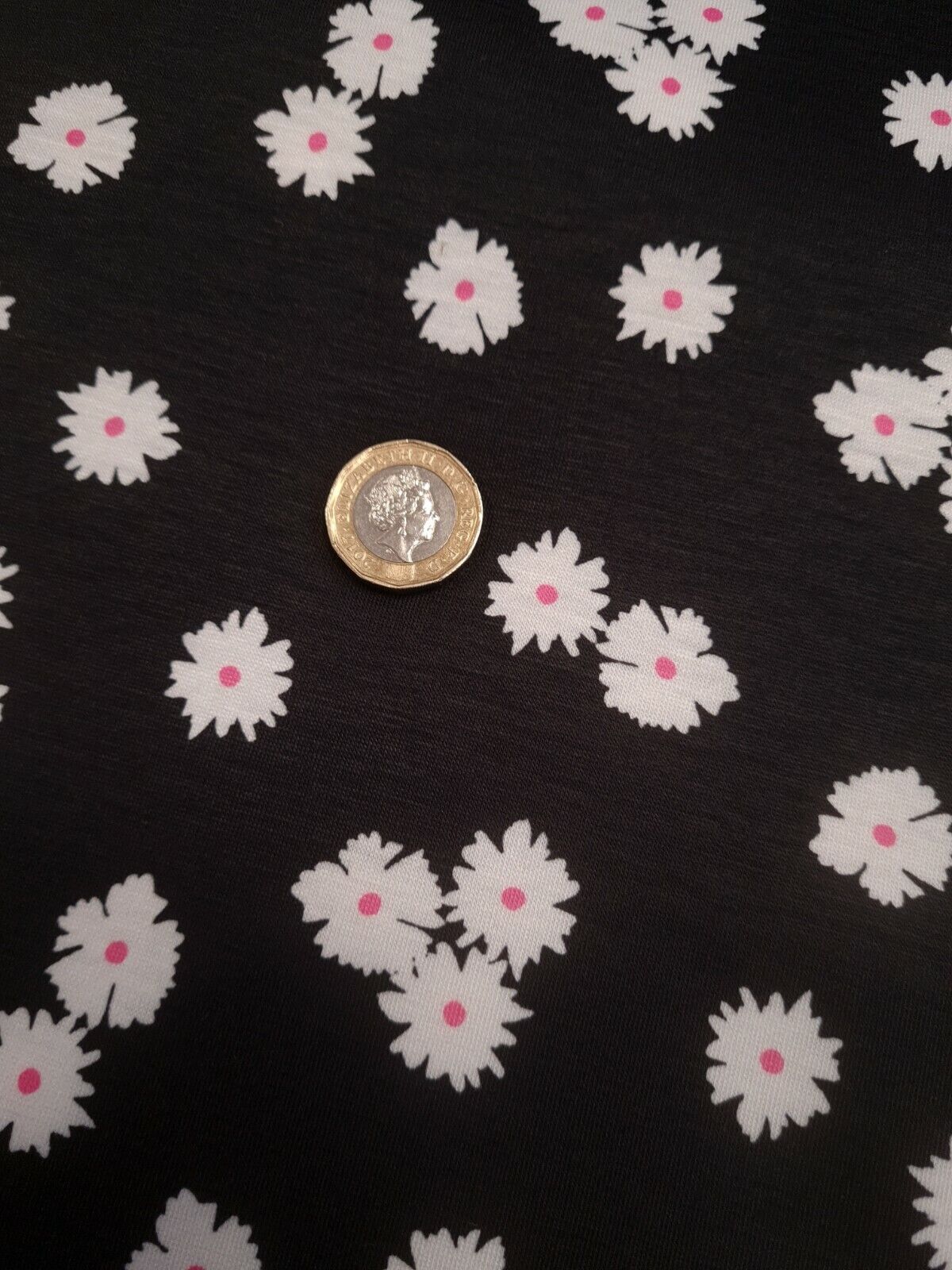 White Floral Pink Spot Print Spun Poly Stretch Fabric