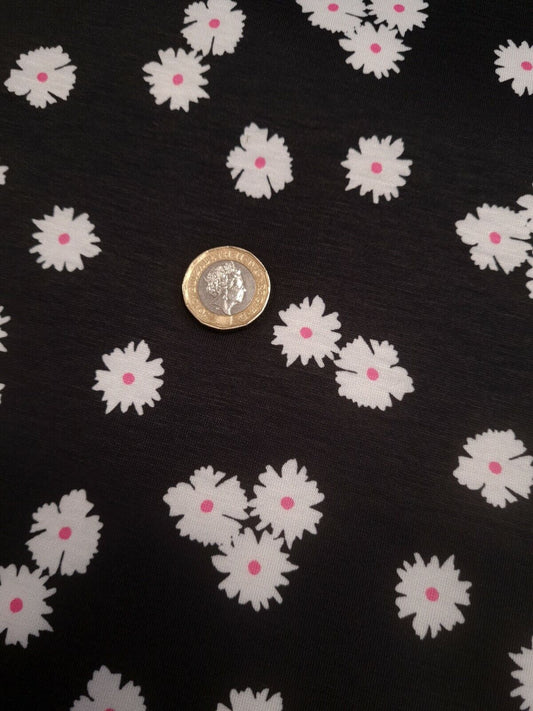 White Floral Pink Spot Print Spun Poly Stretch Fabric