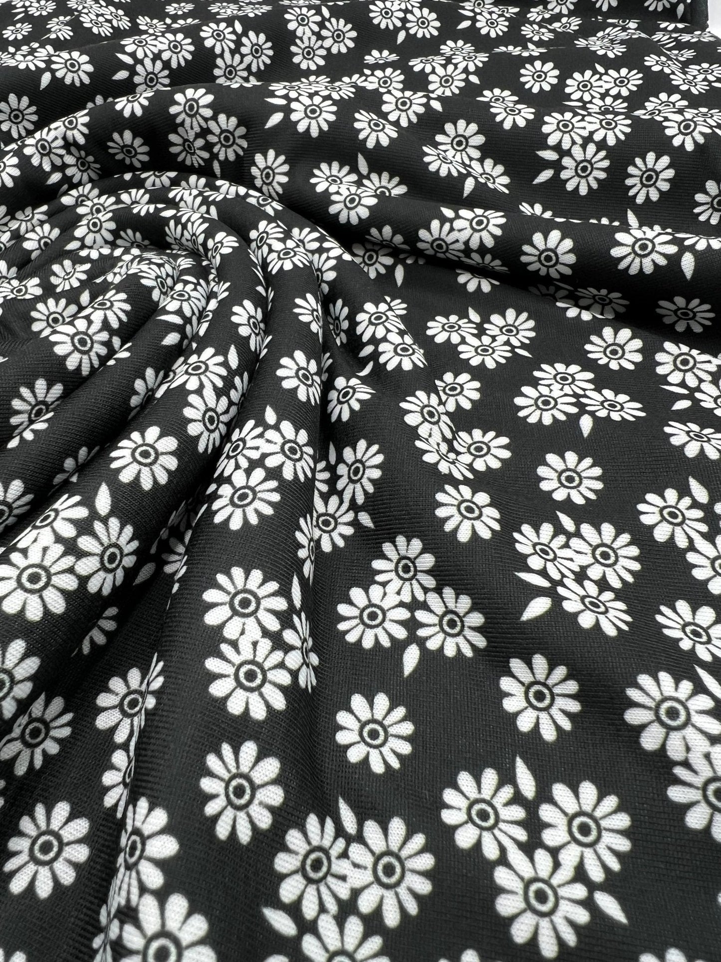 White Flower Print Spun Poly Stretch Fabric