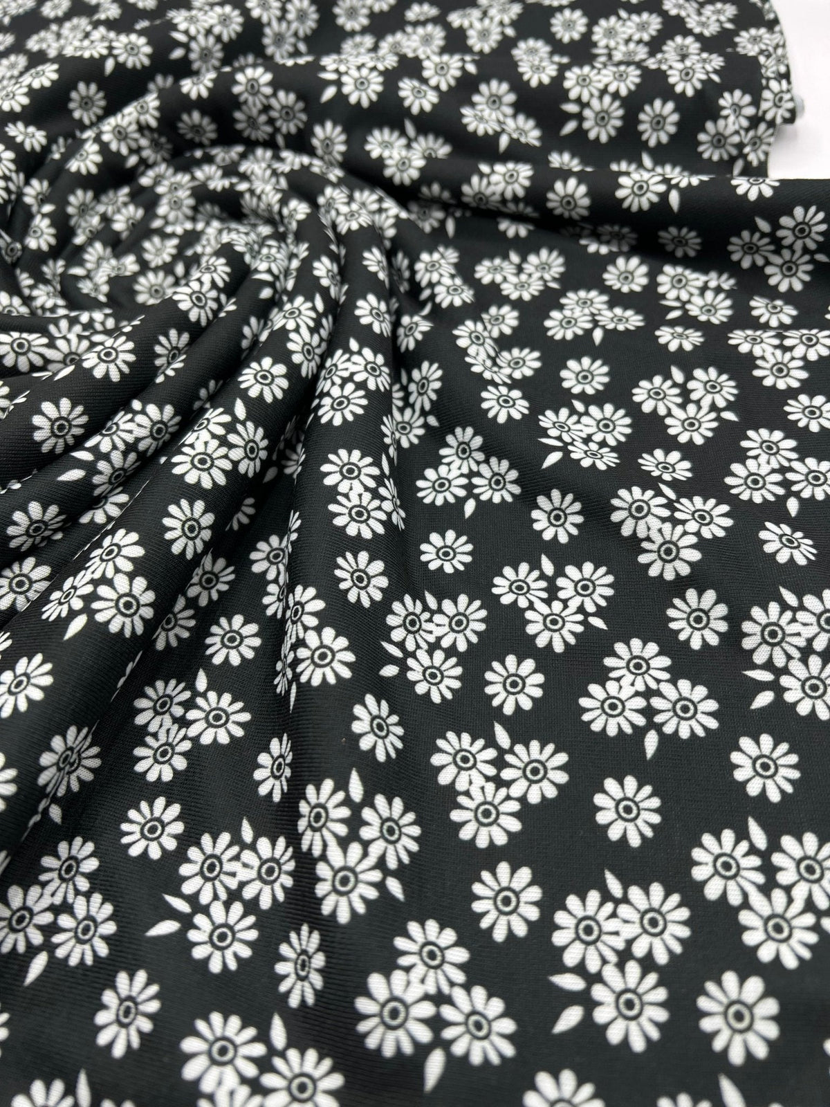 White Flower Print Spun Poly Stretch Fabric