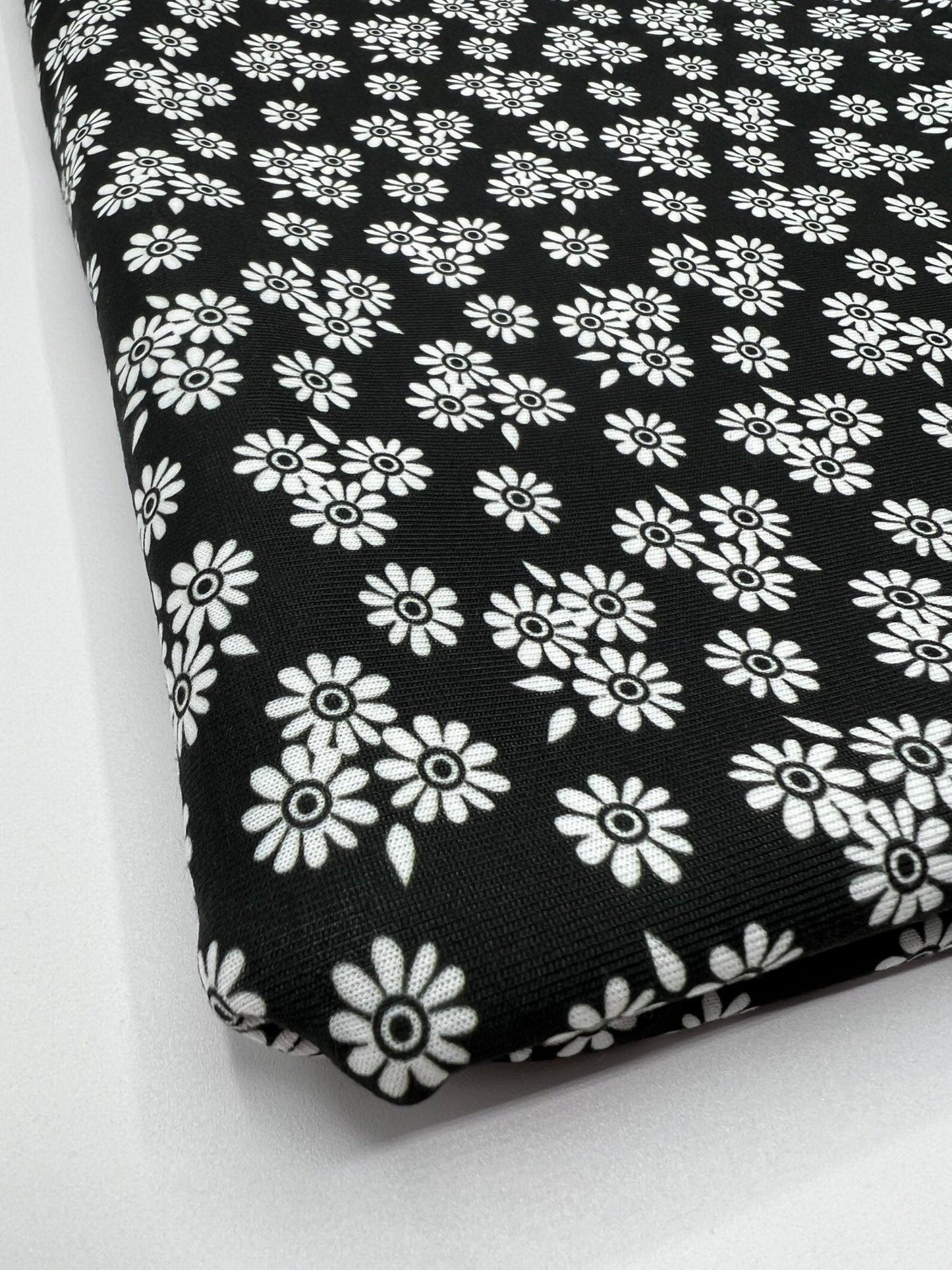 White Flower Print Spun Poly Stretch Fabric