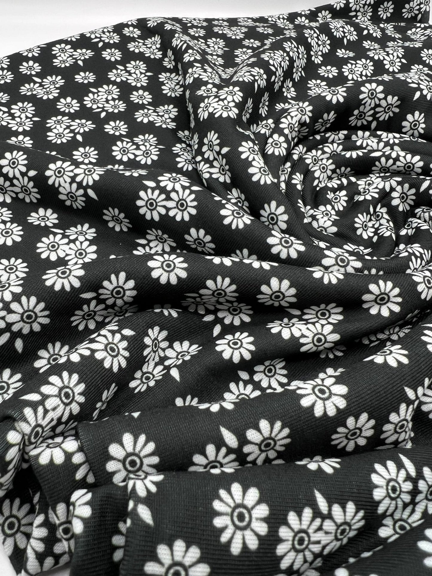 White Flower Print Spun Poly Stretch Fabric