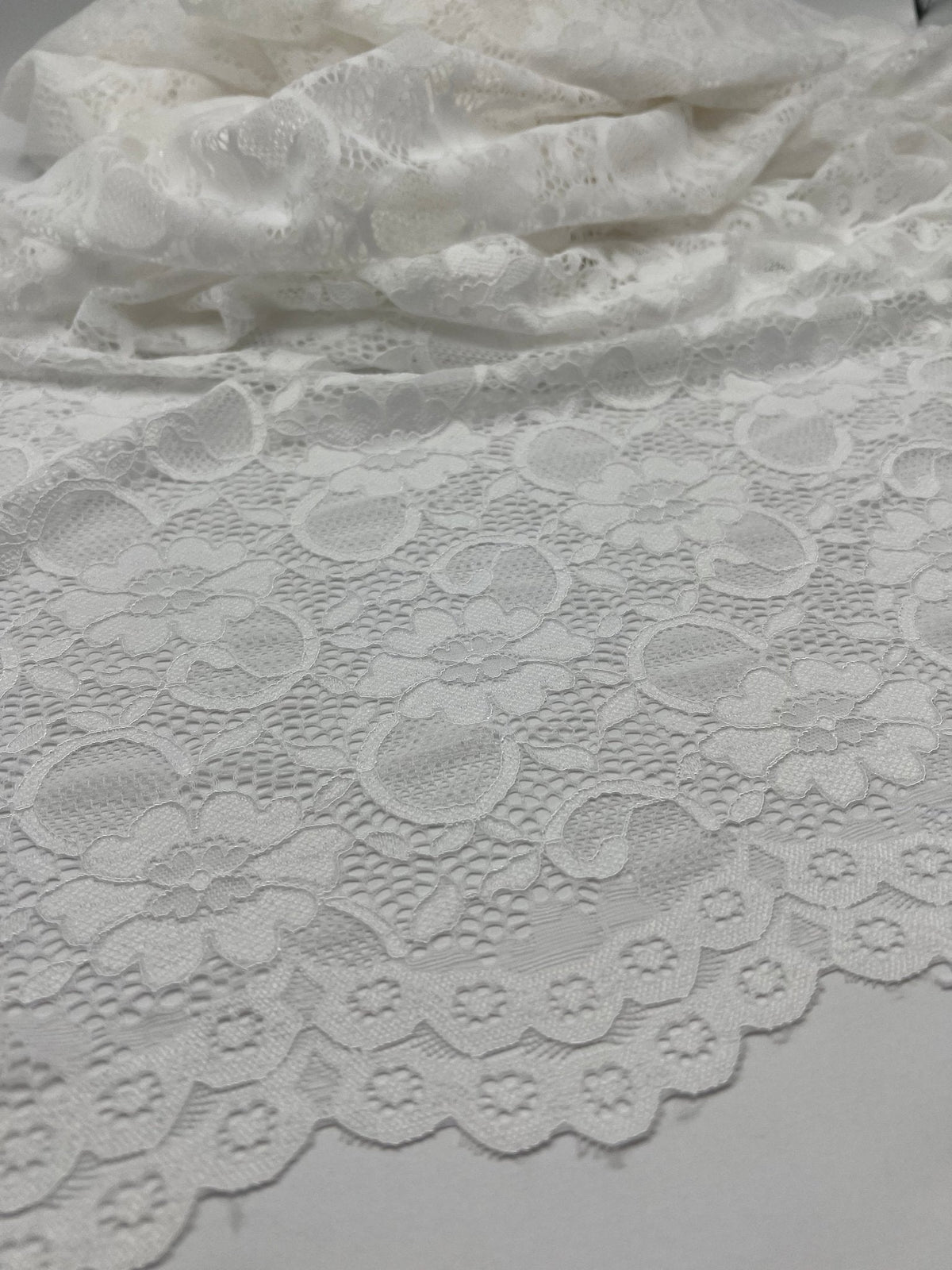 Off White Flower Scalloped Edge Floral Lace Fabric Stretch