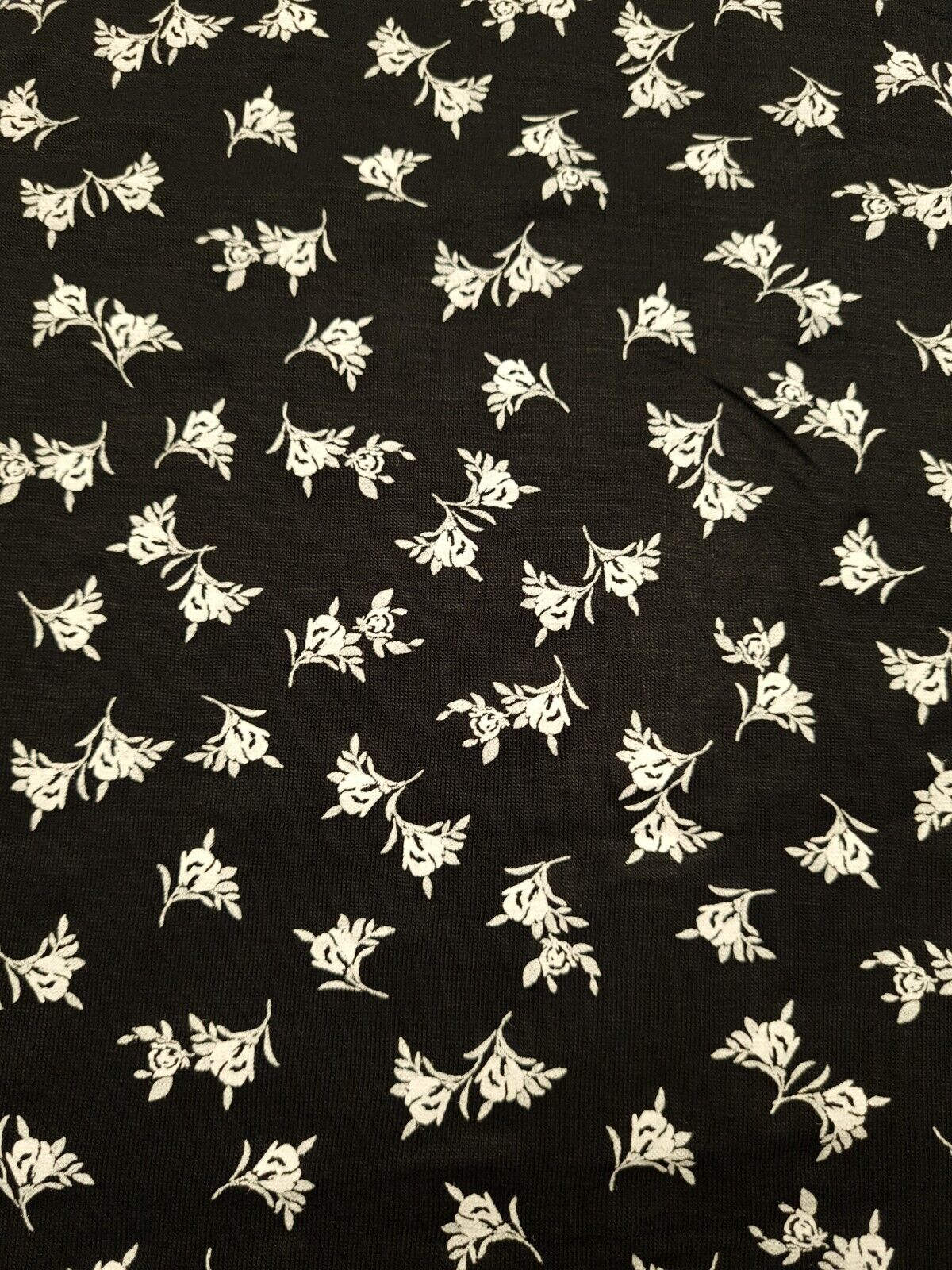 White Flower Small Print Black Viscose Elastane Fabric