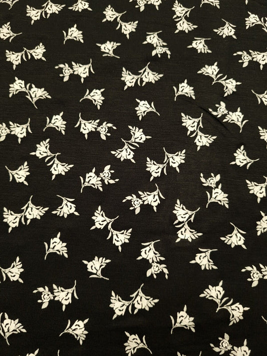 White Flower Small Print Black Viscose Elastane Fabric
