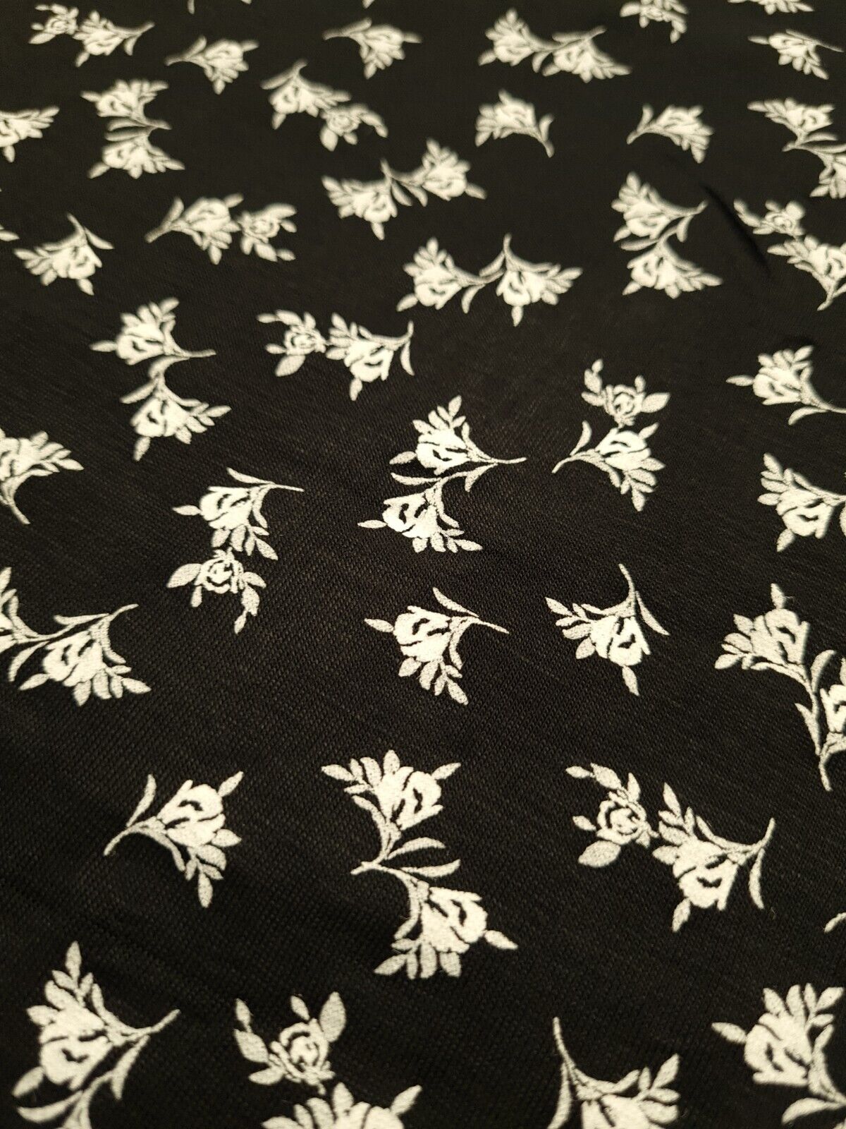 White Flower Small Print Black Viscose Elastane Fabric