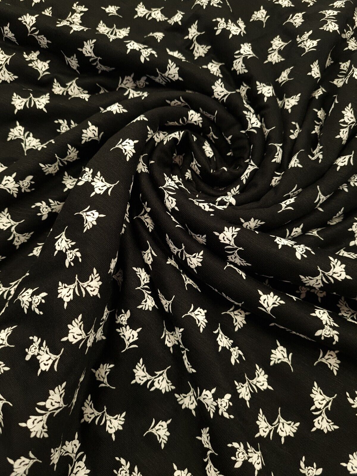 White Flower Small Print Black Viscose Elastane Fabric