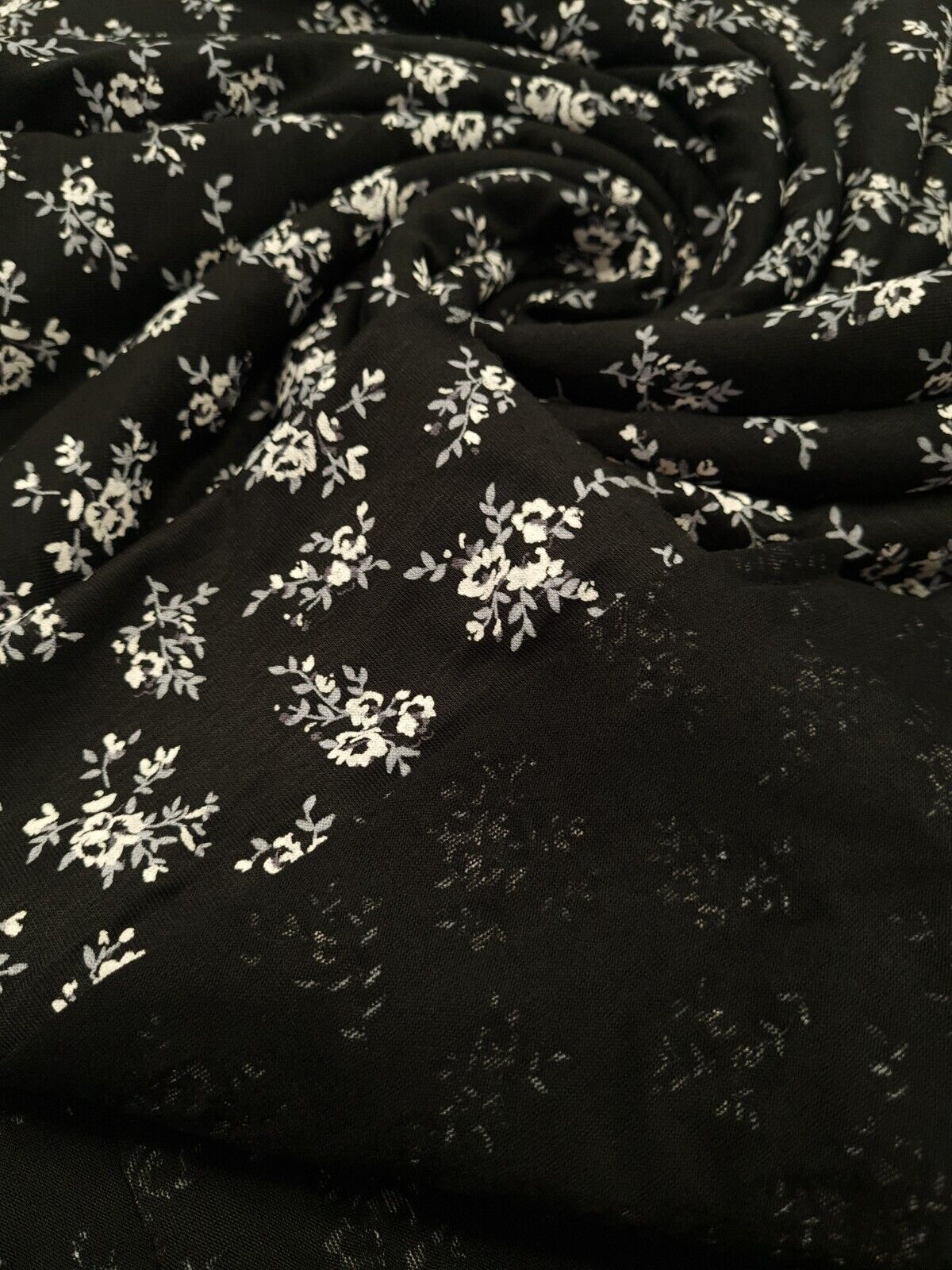 White & Grey Flower Print Black Viscose Elastane Fabric