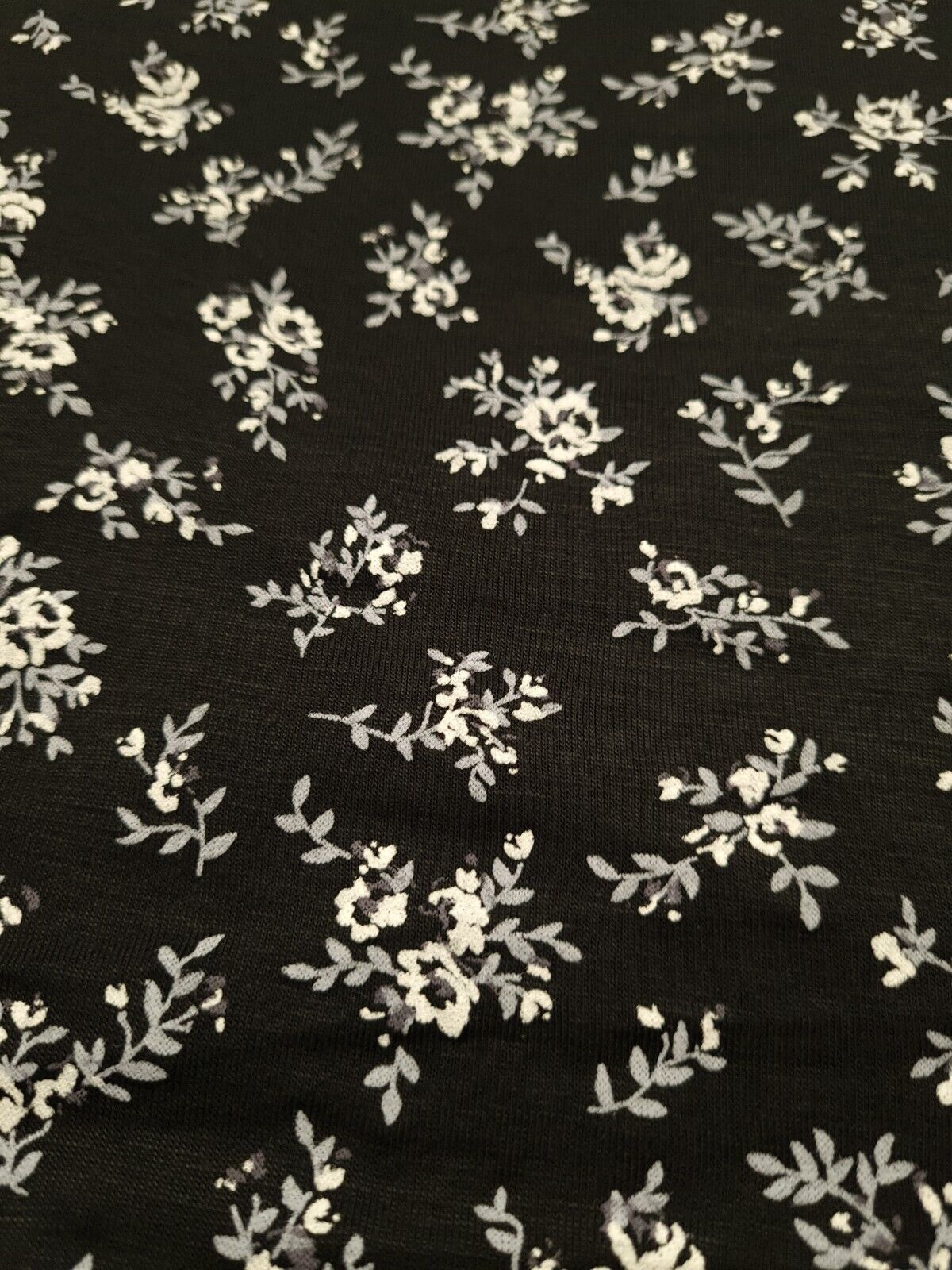 White & Grey Flower Print Black Viscose Elastane Fabric