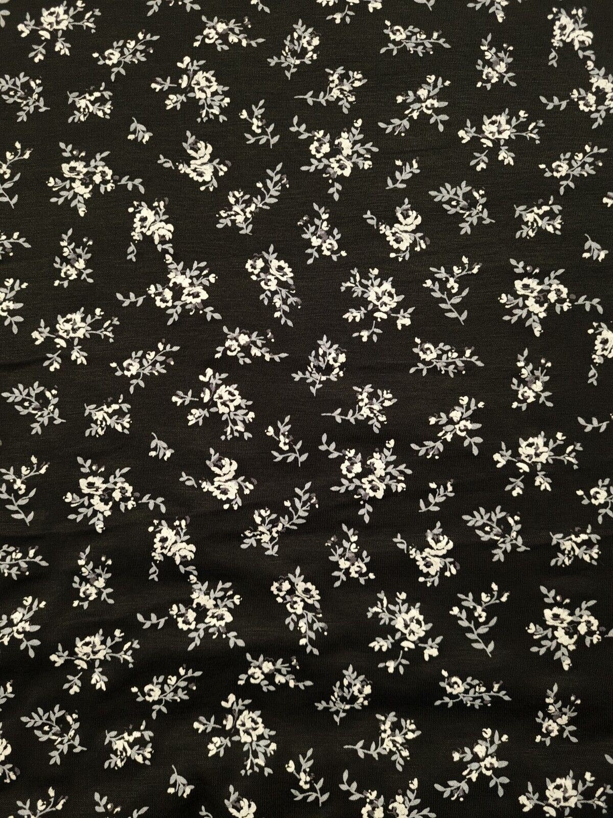 White & Grey Flower Print Black Viscose Elastane Fabric