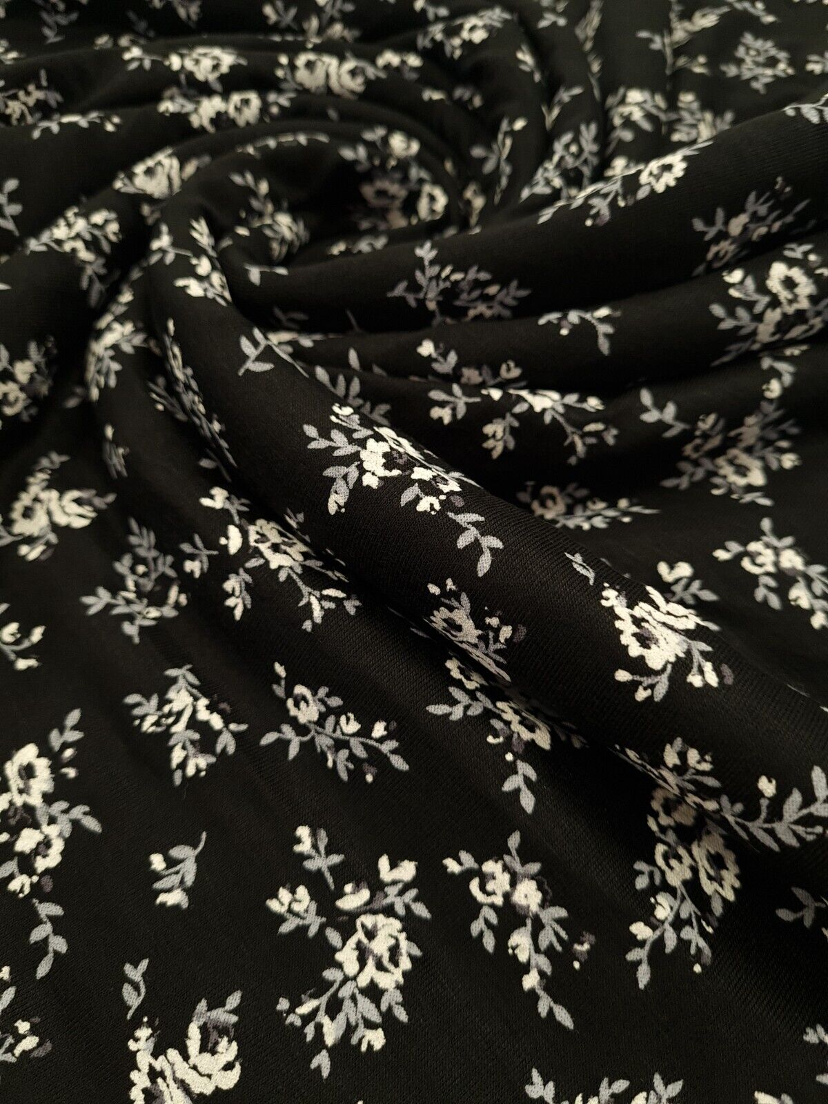 White & Grey Flower Print Black Viscose Elastane Fabric