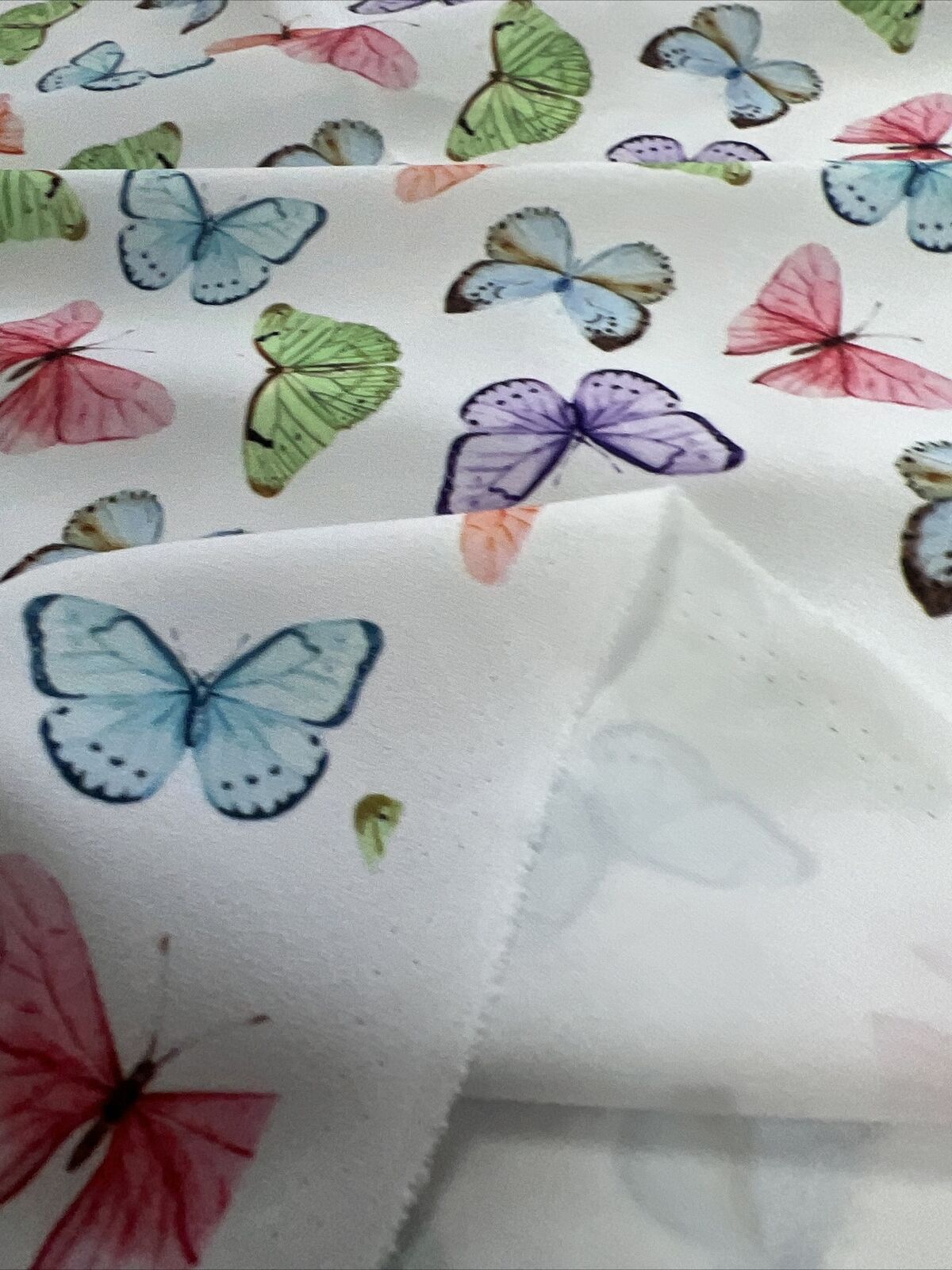 White Multi Butterfly Printed Scuba Crepe Jersey Fabric 4 Way Stretch