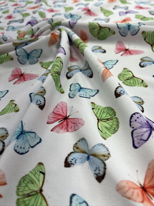 White Multi Butterfly Printed Scuba Crepe Jersey Fabric 4 Way Stretch