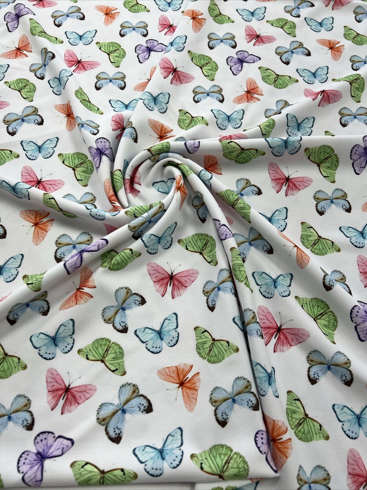 White Multi Butterfly Printed Scuba Crepe Jersey Fabric 4 Way Stretch