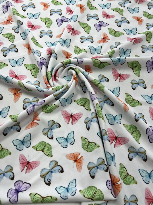 White Multi Butterfly Printed Scuba Crepe Jersey Fabric 4 Way Stretch