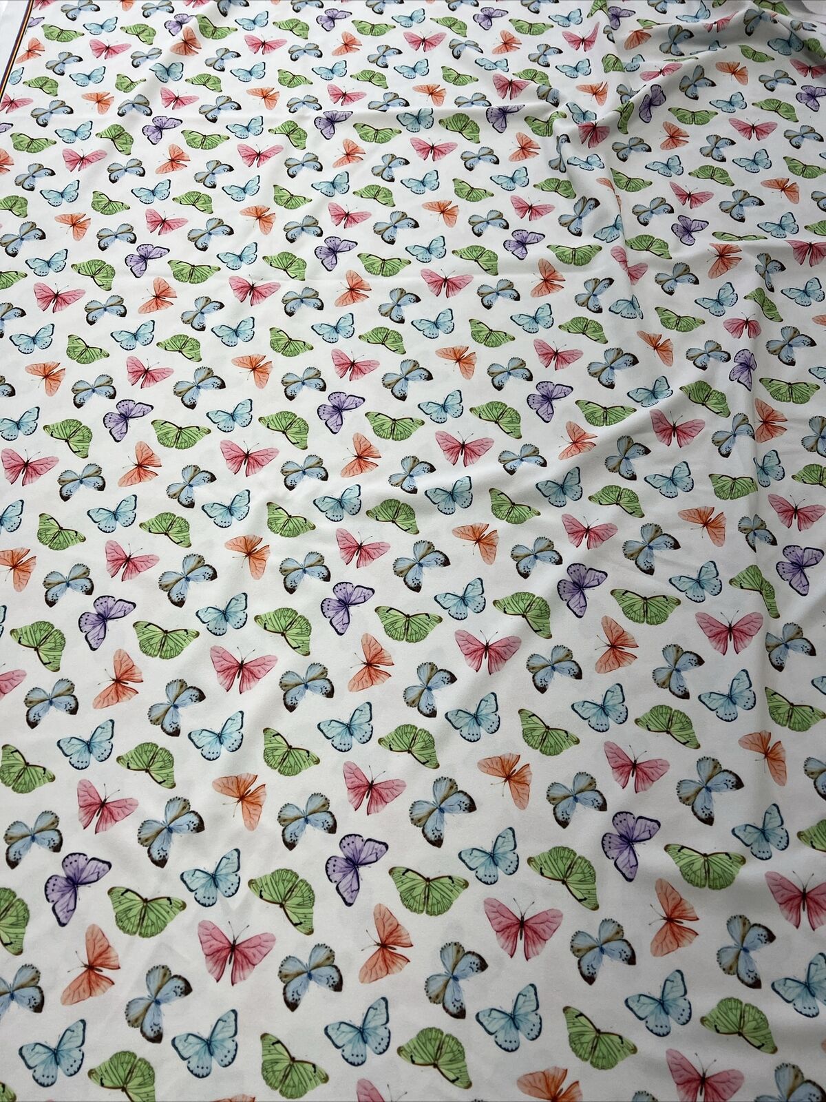 White Multi Butterfly Printed Scuba Crepe Jersey Fabric 4 Way Stretch