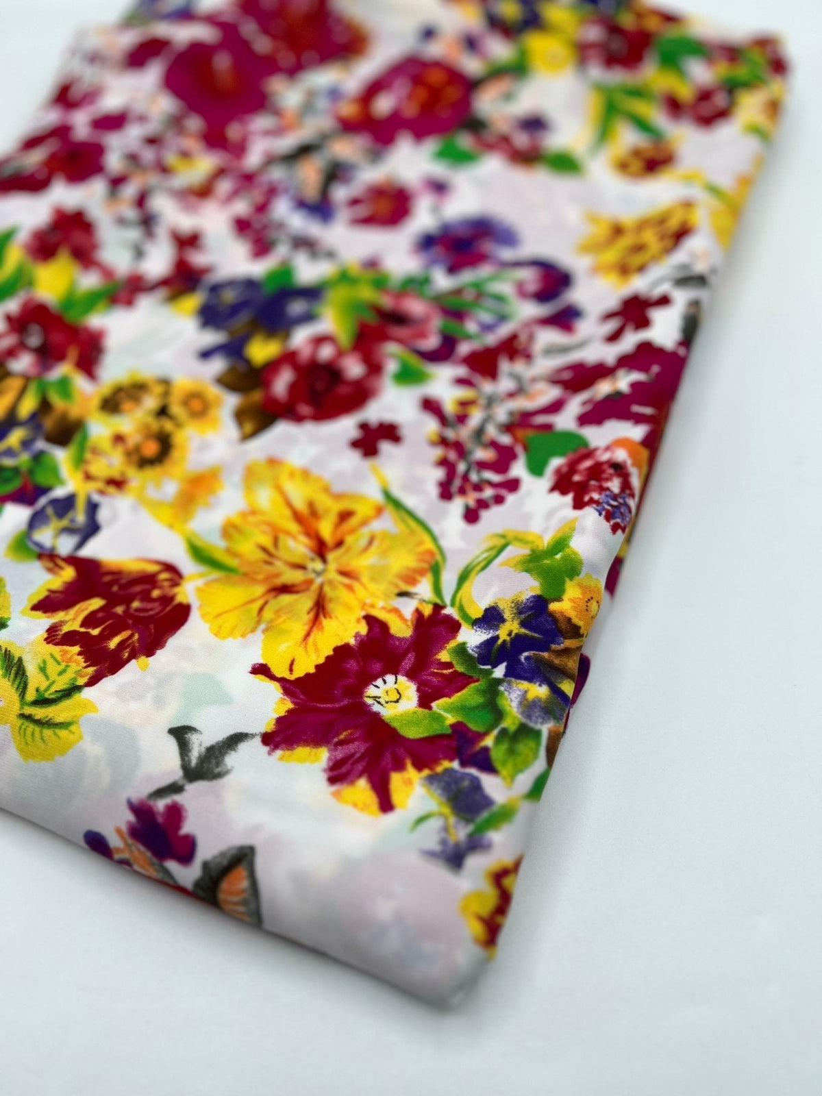 White Multi Colour Floral Non Stretch Woven Fabric