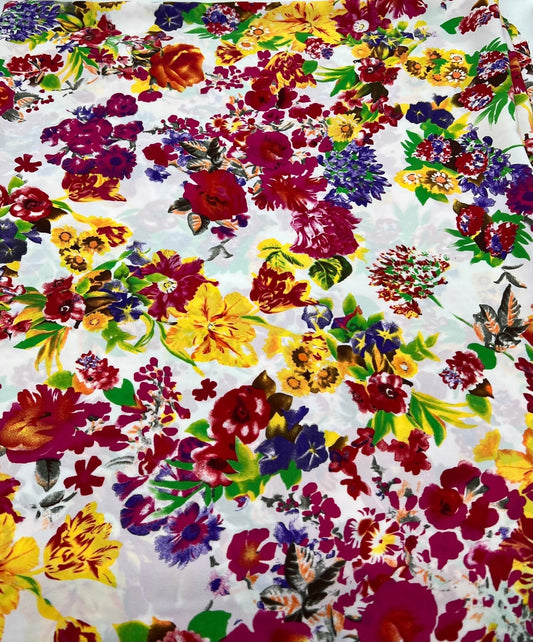 White Multi Colour Floral Non Stretch Woven Fabric