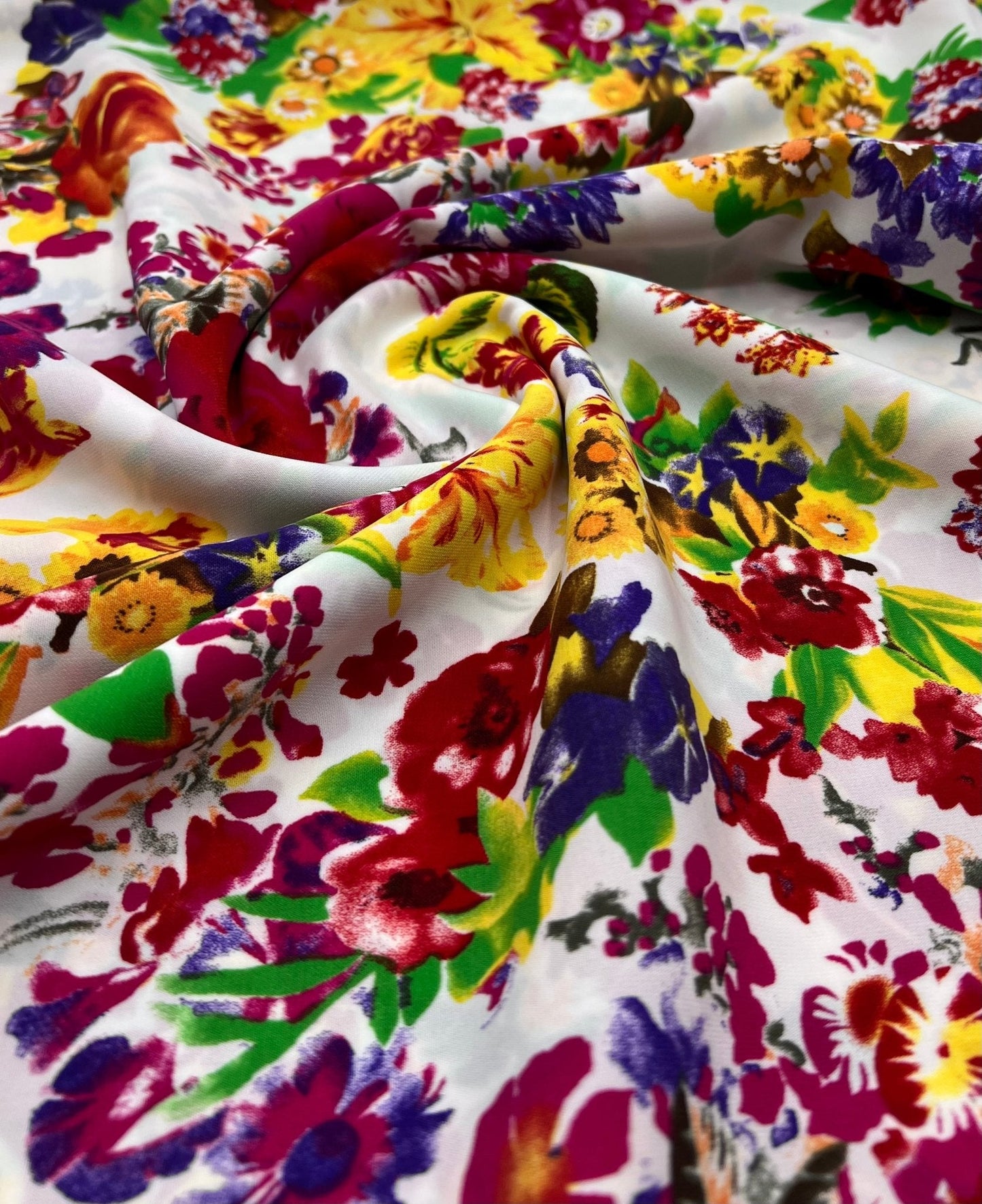 White Multi Colour Floral Non Stretch Woven Fabric