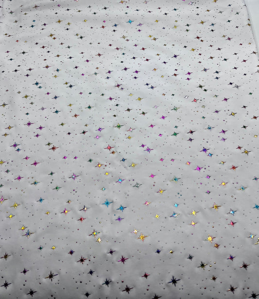White Multi Star Soft Spun Poly Stretch Fabric