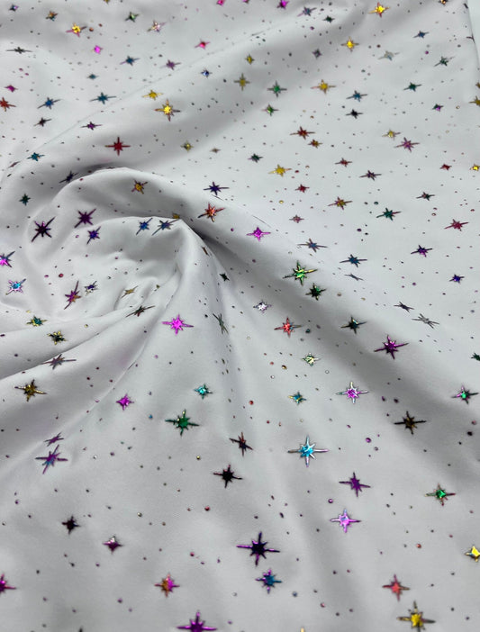 White Multi Star Soft Spun Poly Stretch Fabric