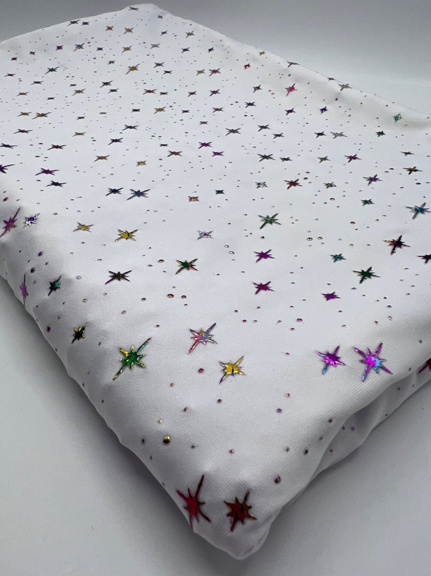White Multi Star Soft Spun Poly Stretch Fabric