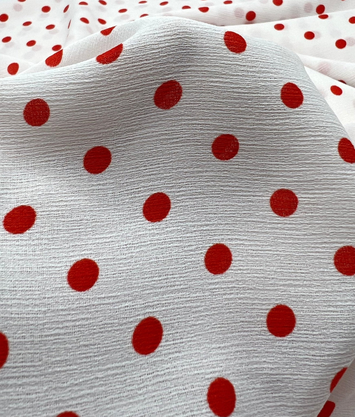 White Red Polka Spot Lightweight Crepe Non Stretch Fabric